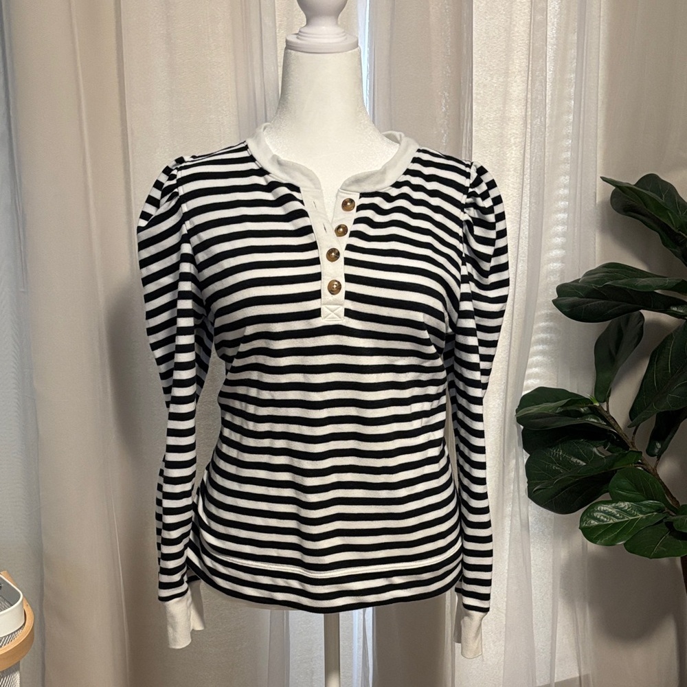 LOFT Striped Puff Sleeved Knit Crewneck
